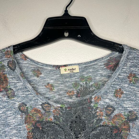 Vintage Cactus Y2K Rhinestone Embellished Top L Floral Western 3/4 Sleeve Boho - Picture 2 of 10